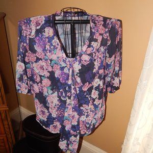 Ladies xhilaration Blouse - Top ~~ Size L ~~ Sheer ~~ Purple Floral Design